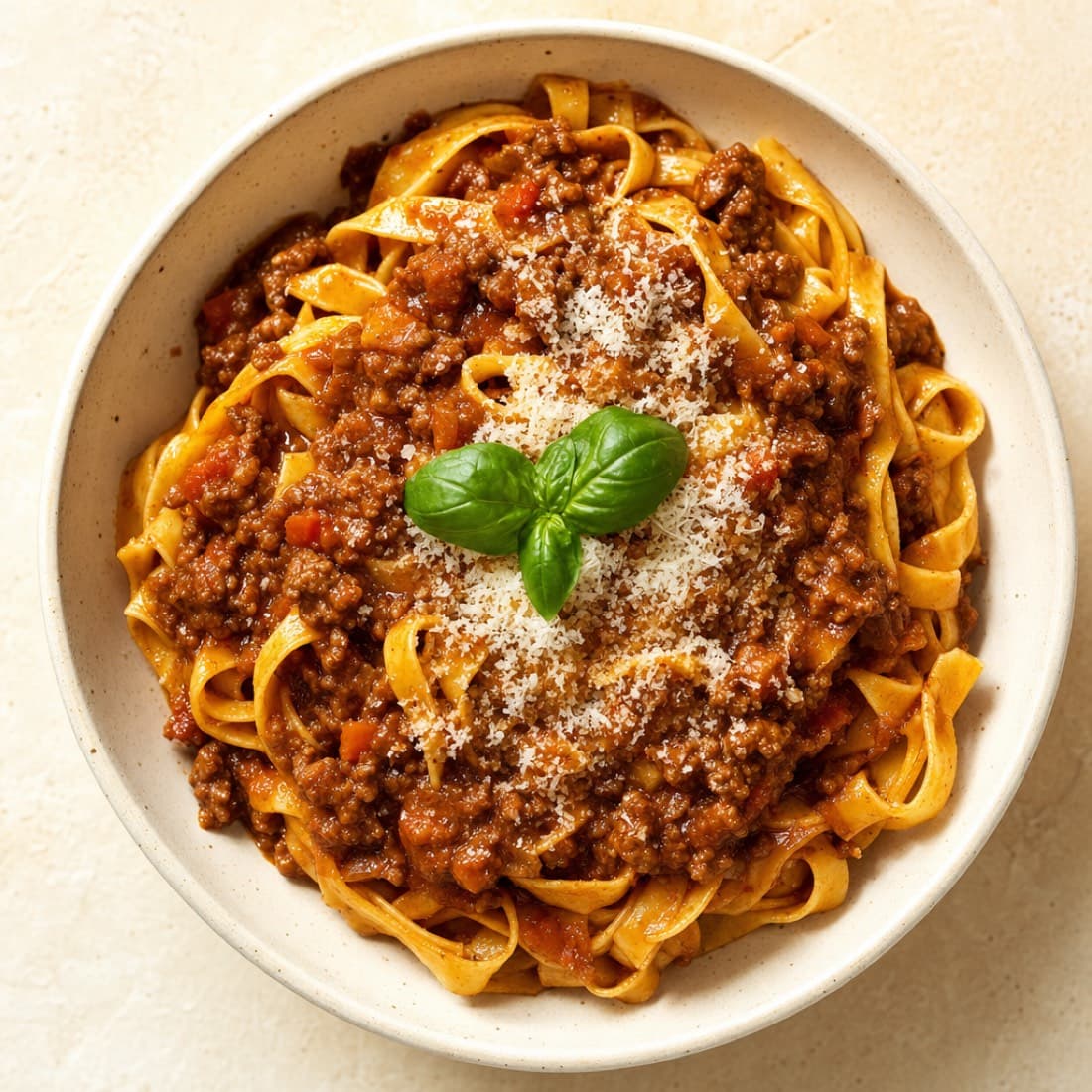 A finished beef ragù over tagliatelle